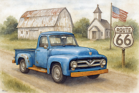 Anthony Smith ANT251 - ANT251 - Route 66 Charm - 18x12 travel, patriotic & americana, landscape, symbols & icons, transportation, places & cities, americana, flags & stars, rural, truck, vintage car, barn, church, american flag, route 66, vintage, folk art, watercolor, blue from Penny Lane