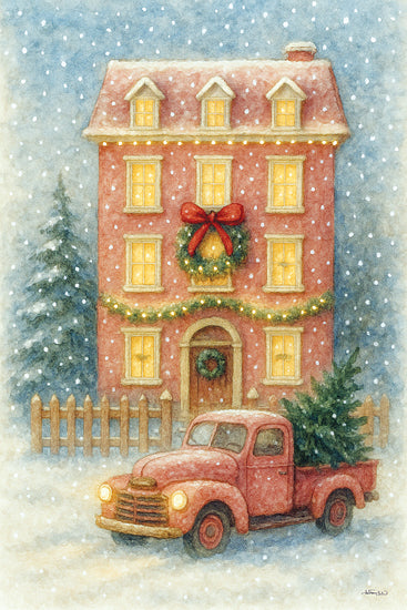 Anthony Smith ANT262 - ANT262 - Village Christmas Cottage - 12x18 red truck, Christmas tree, snow scene, winter farmhouse, festive holiday art, traditional Christmas decor, vintage truck illustration from Penny Lane