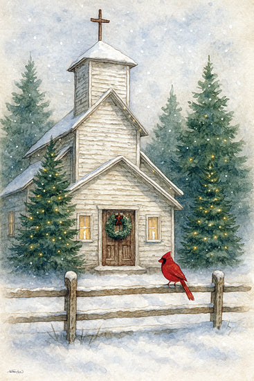 Anthony Smith ANT270 - ANT270 - Snowy Sanctuary - 12x18 watercolor winter church, white chapel, Christmas wreath on door, glowing windows, evergreen trees, string lights, snowfall, wooden fence, red cardinal bird, cross steeple, cozy holiday scene, peaceful countryside, rustic winter decor, seasonal landscape, soft painterly texture from Penny Lane