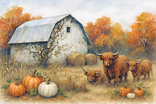 Anthony Smith ANT276 - ANT276 - Autumn's Orange Glow - 18x12 watercolor autumn farm scene, highland cows, rustic barn, hay bales, pumpkins, fall harvest, countryside landscape, golden field, orange foliage trees, farm animals grazing, seasonal decor, country farmhouse, soft painterly brush strokes, thanksgiving vibe, rural nature from Penny Lane