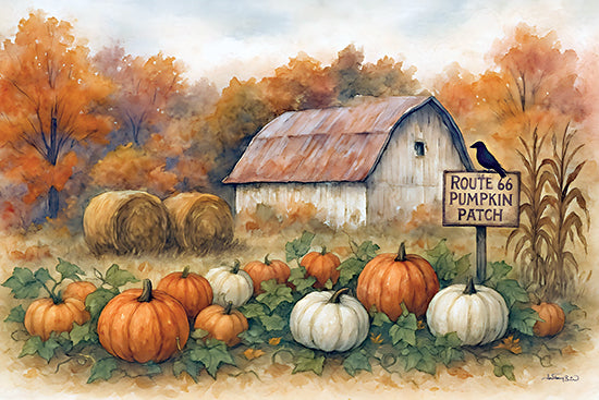 Anthony Smith ANT277 - ANT277 - Route 66 Pumpkin Patch - 18x12 watercolor pumpkin patch, route 66 sign, roadside farm stand, autumn harvest, orange and white pumpkins, green vines, rustic barn, hay bales, fall foliage, crow raven on sign, country landscape, seasonal decor, americana road trip, vintage rural sign, whimsical fall scene from Penny Lane