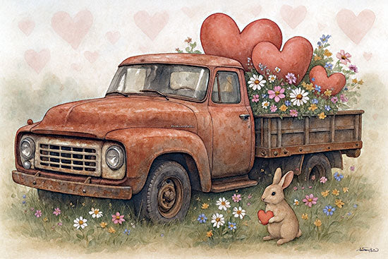Anthony Smith ANT288 - ANT288 - Heartfelt Haul - 18x12 rabbit with wheelbarrow, carrots, garden harvest, potted flowers, rustic farmhouse, springtime, vintage watercolor, neutral background, country decor, bunny and baby rabbit, farmhouse garden from Penny Lane