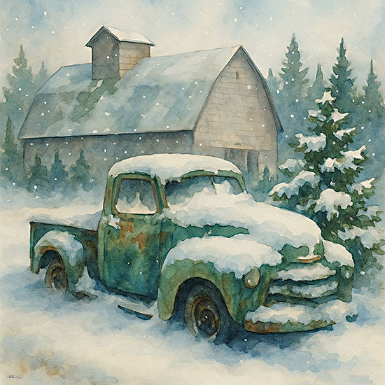 Anthony Smith ANT307 - ANT307 - Winter's Rest - 12x12 old green truck snow farmhouse winter rural vintage truck snowfall pine trees from Penny Lane