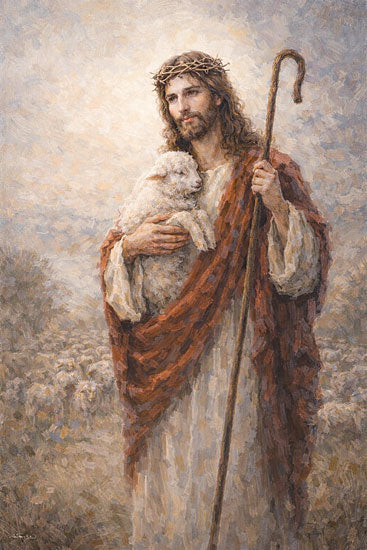 Anthony Smith ANT364 - ANT364 - Faithful Shepherd - 12x18 religious & spiritual, animals, figurative, wildlife, rural, jesus, lamb, shepherd, crown of thorns, staff, flock, pasture, painterly, vintage, oil painting, brown from Penny Lane