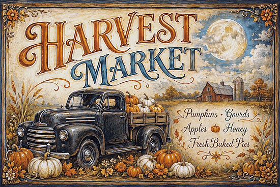 Anthony Smith ANT454 - ANT454 - Harvest Market Sign - 18x12 holidays & seasonal, typography, travel, harvest, fall, signs, word art, transportation, pumpkins, old truck, barn, full moon, autumn leaves, farm, vintage, decorative, digital painting, orange from Penny Lane