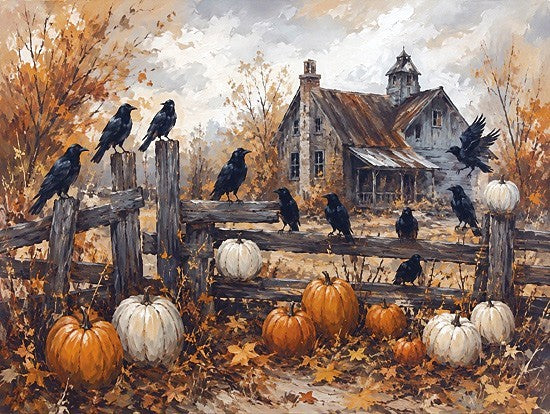 Anthony Smith ANT459 - ANT459 - Autumn Crows - 16x12 animals, holidays & seasonal, landscape, botanical, birds, wildlife, fall, harvest, country, rural, trees, leaves, crow, raven, barn, fence, pumpkins, autumn leaves, painterly, moody, oil painting, orange from Penny Lane