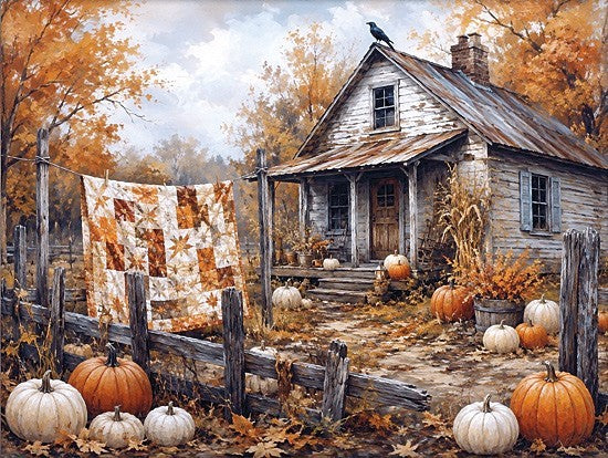 Anthony Smith ANT460 - ANT460 - Old Farmhouse in Autumn I - 16x12 holidays & seasonal, landscape, animals, home spaces, fall, harvest, country, trees, birds, porch, pumpkins, autumn leaves, quilt, fence, cabin, crow, fall colors, vintage, painterly, oil painting, orange from Penny Lane
