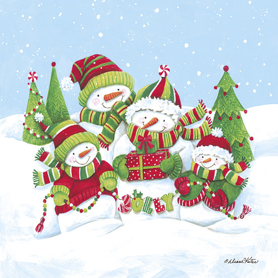 Diane Kater ART1375 - ART1375 - Jolly Snowman Family - 12x12 holidays & seasonal, juvenile, landscape, christmas, winter, children, trees, snowman, snow, presents, festive, happy, joyful, whimsical, decorative, digital illustration, multicolor from Penny Lane