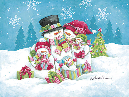 Diane Kater ART1381 - ART1381 - Happy Holidays Snow Family - 16x12 snowman family, holiday outfits, gifts, snowy forest, festive tree, Christmas decorations, parent snowmen, snow kids, family love from Penny Lane