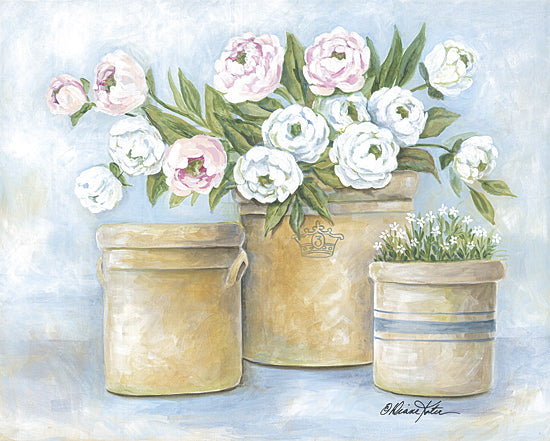 Diane Kater ART1405 - ART1405 - Farmhouse Peonies - 16x12 vintage stoneware crocks, floral arrangement, white and pink flowers, soft pastel background, farmhouse pottery, country kitchen decor, botanical still life, springtime blossoms, delicate petals, greenery, rustic charm, painterly design from Penny Lane