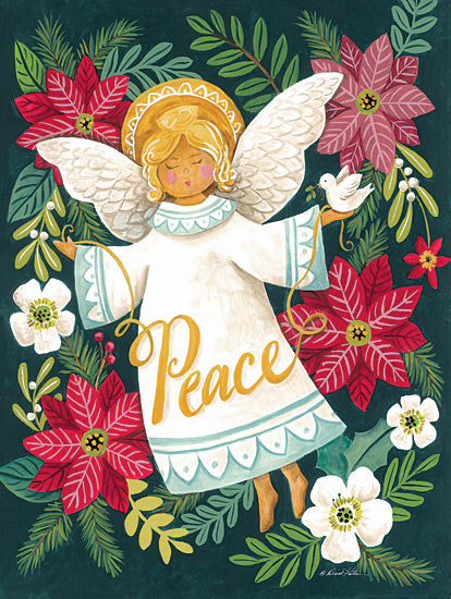 Diane Kater ART1420 - ART1420 - Peace Christmas Angel - 12x16 peace angel, holiday angel, poinsettia flowers, white dove, Christmas art, festive greenery, typography peace, whimsical religious artwork from Penny Lane