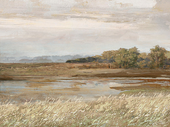 Amber Sterling AS374 - AS374 - Painted Skies - 16x12 autumn marsh, fall landscape, grasses, reeds, water inlet, shoreline, earthy tones, warm browns, muted greens, distant trees, sky, nature, rustic, tranquil, moody, neutral, painterly, textured brushstrokes, countryside from Penny Lane
