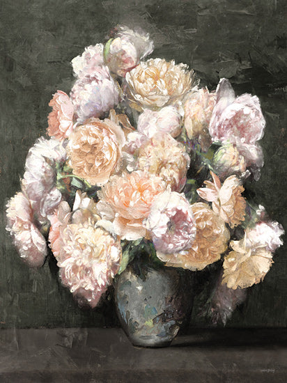 Amber Sterling AS386 - AS386 - Garden Reverie - 12x16 floral still life, peony bouquet, soft blush and cream flowers, painterly petals, moody dark background, vase arrangement, romantic florals, textured brushwork, feminine, elegant, classic still life painting from Penny Lane