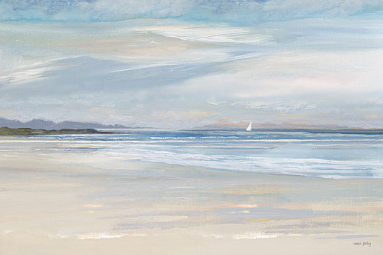 Amber Sterling AS554 - AS554 - Distant Sail - 18x12 coastal shoreline, ocean waves, distant sailboat, wide beach, horizon line, soft blue sky, serene seascape, minimal coastal landscape, airy light, tranquil, painterly brush strokes, neutral beach tones from Penny Lane