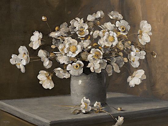 Amber Sterling AS565 - Golden Petals II - 12x12 still life painting, white blossoms in vase, dark moody background, rustic table, neutral tones, chiaroscuro lighting, painterly, floral still life, vintage inspired, calm, elegant, muted palette from Penny Lane