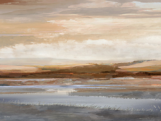 Amber Sterling AS568 - Golden Petals II - 12x12 abstract landscape, neutral palette, painterly sky, soft clouds, horizon line, distant hills, marshland, wetlands, water reflection, calm water, muted earth tones, beige, taupe, rust, gray, minimal scenery, atmospheric, serene, modern abstract, contemporary landscape, wide format, brush strokes, moody light from Penny Lane