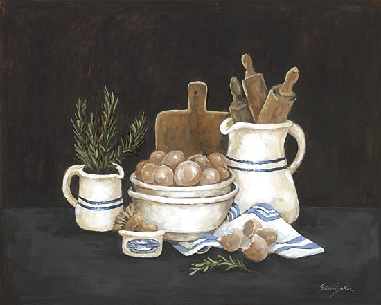 Sara Baker BAKE369 - BAKE369 - Farm Fresh Kitchen - 16x12 rustic kitchen items, eggs in bowl, ceramic pitchers, cutting board, rosemary, rolling pins, farmhouse setting from Penny Lane