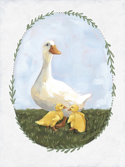 Sara Baker BAKE388 - BAKE388 - The Goodness of Spring II - 12x16 mother duck with ducklings, white duck, yellow ducklings, farm animal, baby animals, spring, family, nursery art, whimsical, green grass, pastel blue background, botanical wreath frame, folk art style, hand painted, soft brush strokes, country farmhouse, nature, birds from Penny Lane