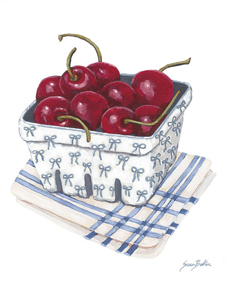 Sara Baker BAKE395 - BAKE395 - Summer Sweetness Cherries     - 12x16 cherries, fruit bowl, berry basket, blue bow pattern container, summer fruit, red cherries, still life, kitchen decor, farmhouse style, white background, blue plaid cloth, fresh produce, food and drink, hand painted, watercolor gouache style, bright, sweet fruit from Penny Lane