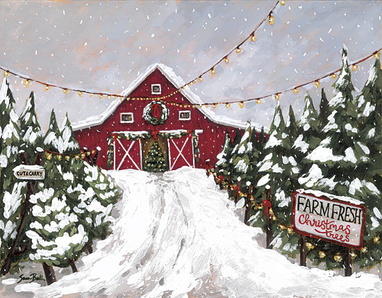 Sara Baker BAKE399 - BAKE399 - Farm Fresh Christmas Trees - 16x12 holidays & seasonal, landscape, christmas, winter, trees, rural, barn, christmas trees, snow, string lights, snowy path, farm fresh, painterly, whimsical, acrylic, red from Penny Lane