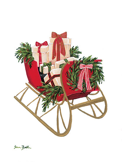 Sara Baker BAKE405 - BAKE405 - Holidays at Home III - 12x16 holidays & seasonal, still life, christmas, sleigh, gifts, presents, wreath, pine, ribbons, decorative, whimsical, watercolor, red from Penny Lane