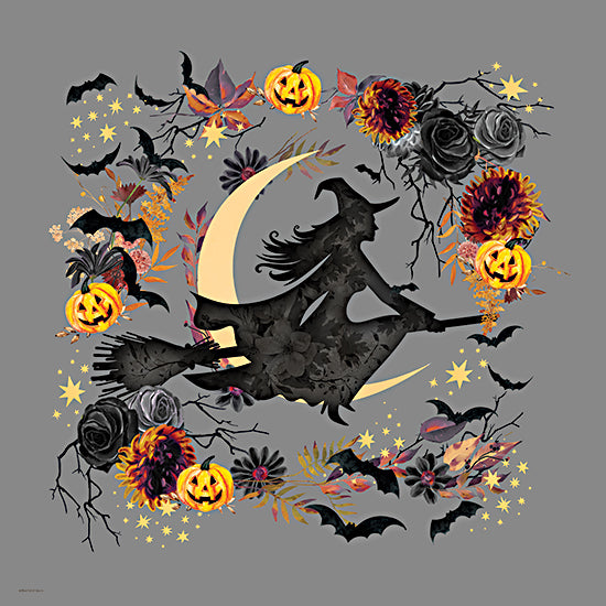 Bluebird Barn BLUE582 - BLUE582 - Midnight Flight - 12x12 witch flying on broomstick, crescent moon, pumpkins, bats, Halloween theme, stars, fantasy, floral design, autumn season, whimsical art from Penny Lane