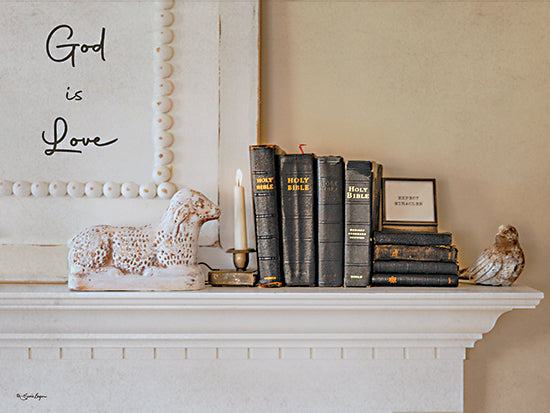 Susie Boyer BOY817 - BOY817 - God is Love - 16x12 mantel still life, God is Love sign, vintage books, holy bible, candle, lamb figurine, bird figurine, neutral farmhouse, religious decor, inspirational, cozy home, rustic, vintage style, soft light, minimal, typography, faith, still life photography from Penny Lane