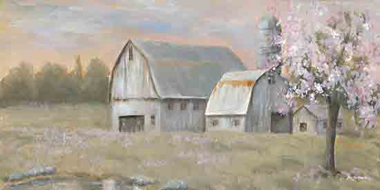 Pam Britton BR643 - BR643 - Spring Countryside - 18x9 landscape, botanical, country, rural, trees, floral, barn, farmhouse, meadow, flowering tree, springtime, sunset, painterly, vintage, oil painting, neutral from Penny Lane