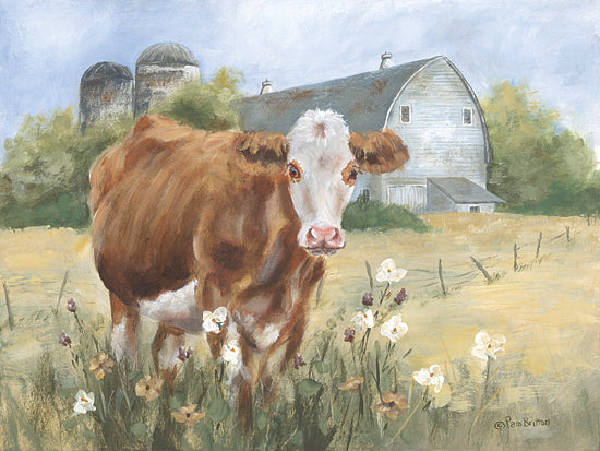 Pam Britton BR657 - BR657 - Gentle Guardian - 16x12 brown and white cow portrait, farm pasture, white barn, silos, wildflowers in foreground, rustic country scene, grazing field, pastoral artwork, farm animal art, soft painterly texture, rural Americana, spring farm landscape from Penny Lane