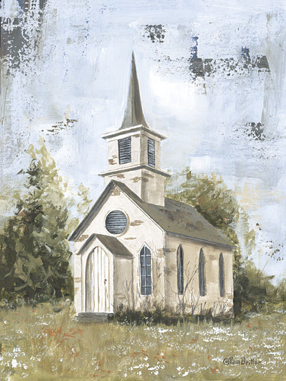 Pam Britton BR659 - BR659 - Old Country Church - 12x16 small country church, tall steeple, chapel in meadow, rustic religious building, white church exterior, soft blue sky, grassy field, countryside faith art, simple architecture, peaceful worship scene, painterly rural church, serene devotional landscape from Penny Lane