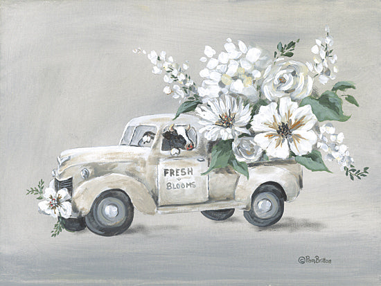 Pam Britton BR672 - BR672 - Fresh Blooms - 16x12 vintage pickup truck with flowers, fresh blooms sign, white floral arrangement, antique delivery truck, farmhouse flower truck, neutral floral art, rustic vehicle decor, shabby chic painting, spring bouquet transport, cottage market style, soft muted palette, whimsical floral truck from Penny Lane
