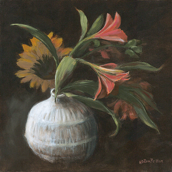 Pam Britton BR692 - BR692 - Moody Blooms - 12x12 sunflower and pink lilies, white ceramic vase, dark background still life, dramatic floral arrangement, moody flower painting, warm petals, botanical art, tabletop bouquet, rich painterly texture, classic floral still life, elegant bloom composition, intimate studio lighting from Penny Lane