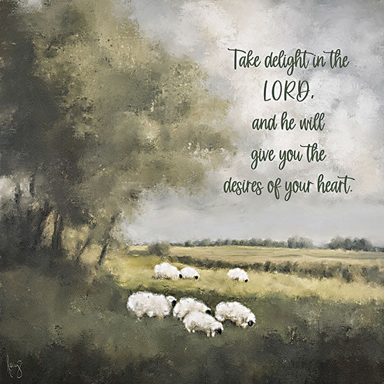 Ashley Bradley BRAD111 - BRAD111 - Take Delight in the Lord - 12x12 animals, landscape, religious & spiritual, typography, farm animals, rural, trees, inspirational, word art, sheep, field, clouds, bible verse, scripture, painterly, moody, oil painting, neutral from Penny Lane
