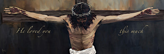 Ashley Bradley BRAD339 - BRAD339 - He Loves You this Much - 36x12 religious & spiritual, figurative, symbols & icons, crucifixion, jesus christ, cross, crown of thorns, suffering, sacrifice, christianity, moody, painterly, oil painting, brown from Penny Lane