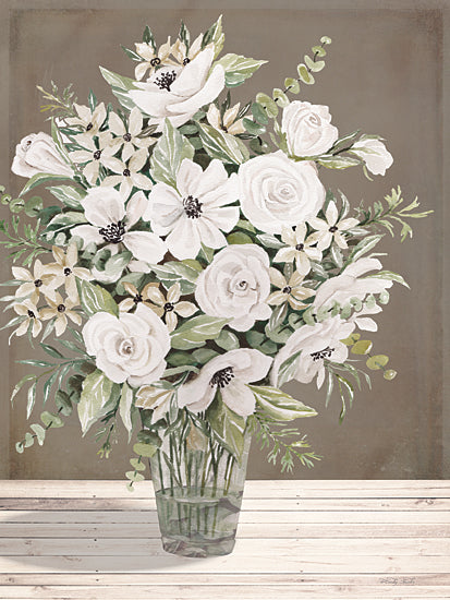 Cindy Jacobs CIN4134 - CIN4134 - Penny For Your Thoughts - 12x16 white rose bouquet, rustic vase, farmhouse flowers, greenery mix, painterly floral still life, country chic bouquet, feminine floral decor from Penny Lane