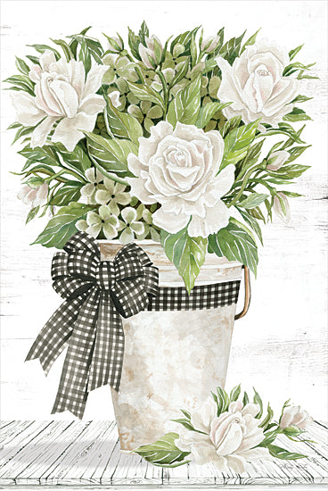 Cindy Jacobs CIN4383 - CIN4383 - Farmhouse Roses   - 12x18 white roses, green foliage, gingham ribbon, rustic bucket, farmhouse style floral arrangement from Penny Lane
