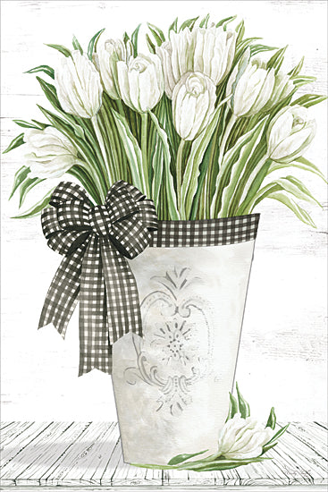 Cindy Jacobs CIN4384 - CIN4384 - Farmhouse Tulips   - 12x18 white tulips, green leaves, gingham ribbon, rustic vase, farmhouse decor, spring flowers from Penny Lane