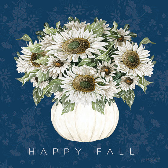 Cindy Jacobs CIN4399 - CIN4399 - Happy Fall Pumpkin - 12x12 happy fall text, white pumpkin vase, daisies bouquet, blue floral wallpaper, autumn greeting, seasonal typography, farmhouse fall decor, watercolor illustration, cozy home, neutral pumpkins, floral arrangement, word art, autumn sign from Penny Lane
