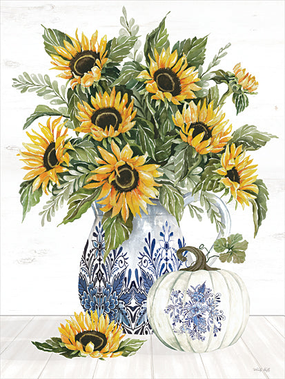 Cindy Jacobs CIN4409 - CIN4409 - Imperial Autumn  - 12x16 sunflowers, blue and white ceramic vase, white pumpkin, floral bouquet, autumn decor, fall flowers, farmhouse style, watercolor art, sunflower arrangement, rustic decor from Penny Lane