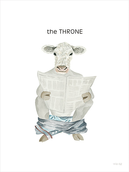Cindy Jacobs CIN4415 - CIN4415 - News from the Throne - 12x16 watercolor cow on toilet; reading newspaper; the THRONE text; humorous bathroom art; anthropomorphic farm animal; whimsical farmhouse decor; quirky bovine illustration; funny restroom sign style; minimalist neutral background; playful country humor; novelty wall art; rustic comic animal print from Penny Lane