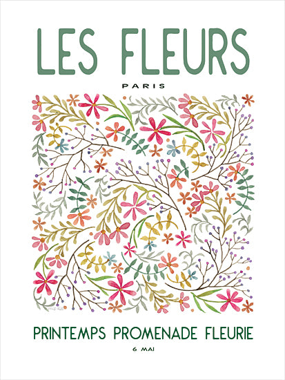Cindy Jacobs CIN4441 - CIN4441 - Les Fleurs - 12x16 watercolor floral poster, French market style typography, 'Les Fleurs' title, Paris, printemps (spring) promenade fleurie, colorful wildflowers and vines, whimsical botanical illustration, bright pink and orange blossoms, airy white background, Parisian flower festival, vintage-inspired travel poster, feminine spring decor from Penny Lane