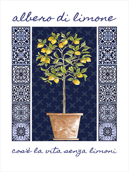 Cindy Jacobs CIN4444 - CIN4444 - Albero di Limone - 12x16 watercolor lemon tree, potted citrus plant, Italian phrase 'albero di limone', hand-lettered script, blue Mediterranean tile border, patterned ceramic tiles, terracotta pot, navy background, Amalfi/Italy coastal aesthetic, kitchen citrus decor, Mediterranean farmhouse style, bright yellow lemons with green leaves from Penny Lane