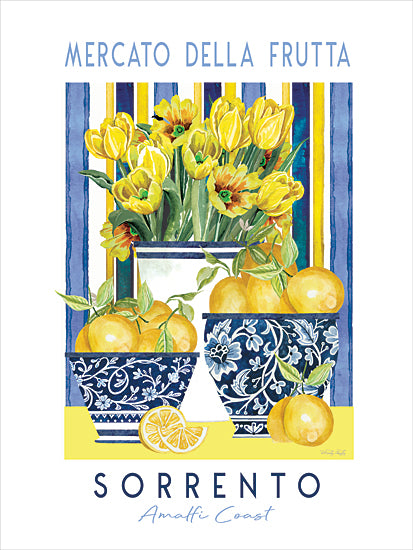Cindy Jacobs CIN4446 - CIN4446 - Mercato Della Frutta Sorrento - 12x16 watercolor still life, Mercato della Frutta sign, Sorrento Amalfi Coast, yellow tulips bouquet, lemons in blue-and-white ceramic bowls, patterned pottery vase, striped blue background, Italian market kitchen decor, Mediterranean coastal style, fresh citrus and flowers, bright summer palette, painterly botanical fruit arrangement from Penny Lane