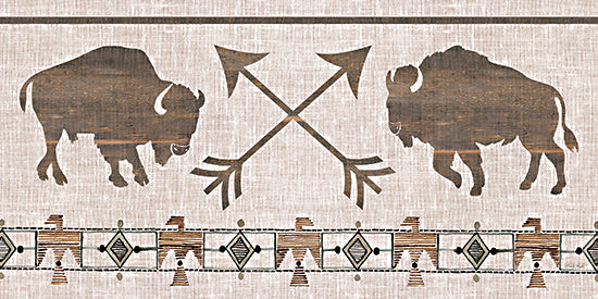 Cindy Jacobs CIN4455 - CIN4455 - Bison & Bow - 18x9 buffalo silhouettes, bison pair, crossed arrows emblem, rustic western motif, tribal border pattern, neutral linen texture, southwestern decor, lodge cabin style, farmhouse rustic, brown tones, minimalist animal art, wall decor from Penny Lane
