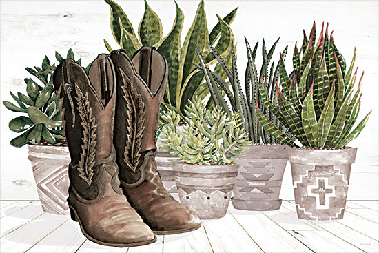 Cindy Jacobs CIN4472 - CIN4472 - Western Plant Display - 18x12 brown cowboy boots with potted succulents, cactus plants, aloe, snake plant, rustic pots, southwestern home decor, western still life, neutral farmhouse background, watercolor illustration, greenery, desert plants, modern farmhouse style from Penny Lane