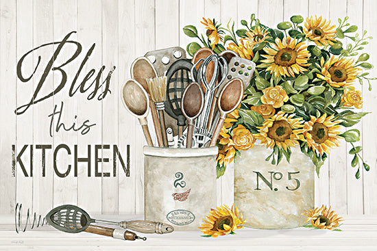 Cindy Jacobs CIN4529 - CIN4529 - Bless This Kitchen - 18x12 bless this kitchen, kitchen wall art, farmhouse kitchen, rustic kitchen decor, watercolor utensils, wooden spoons, whisk, spatula, ladle, vintage crock, mason jar style, sunflower bouquet, yellow sunflowers, floral arrangement, white shiplap background, neutral tones, country home, inspirational kitchen sign, typography, word art from Penny Lane