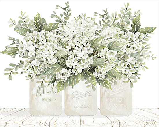 Cindy Jacobs CIN4532 - CIN4532 - Jars Full of Joy - 16x12 white hydrangeas, mason jars, atlas mason, ball mason, perfect mason, farmhouse flowers, watercolor greenery, botanical arrangement, white blossoms, neutral farmhouse decor, rustic tabletop, still life, spring florals, cottage style from Penny Lane