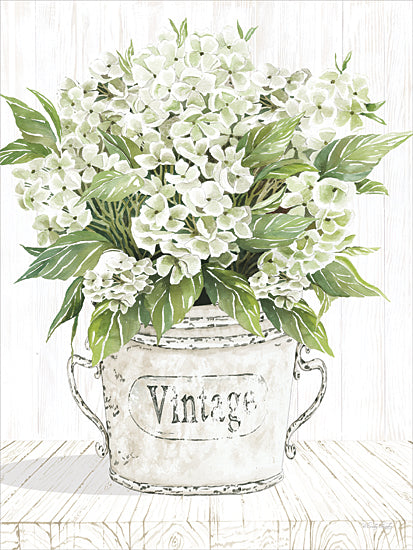 Cindy Jacobs CIN4533 - CIN4533 - White Delight - 12x16 white hydrangea bouquet, vintage metal bucket, farmhouse floral, watercolor flowers, greenery leaves, rustic container, vintage label, neutral background, white shiplap, still life, spring decor, cottage farmhouse from Penny Lane