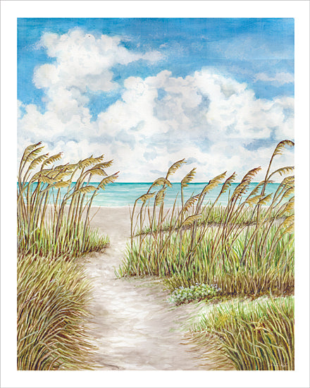 Cindy Jacobs CIN4560 - CIN4560 - The Way to the Water - 12x16 watercolor beach path, sandy dune walkway, sea oats, coastal grasses, ocean horizon, turquoise water, blue sky, fluffy clouds, summer shoreline, seaside landscape, breezy coastal scene, tranquil nature from Penny Lane
