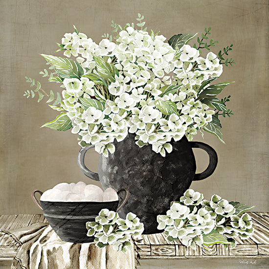 Cindy Jacobs CIN4579 - CIN4579 - Farmhouse Fresh    - 12x12 white hydrangea arrangement, floral still life, farmhouse flowers, rustic vase flowers, kitchen decor floral, soft neutral flowers, botanical painting, cottage style decor, flower bouquet art, vintage floral from Penny Lane